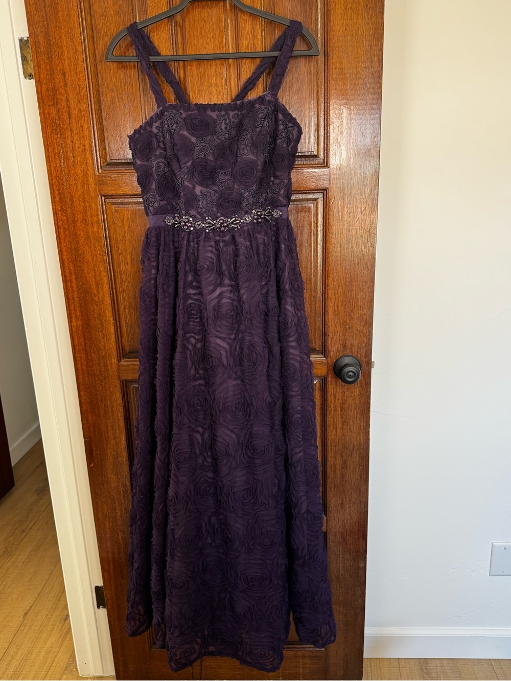 Adrianna Papell Deep Purple Rosette Maxi Dress with Beaded Waist